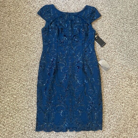 NWT Adrianna Papell Sequin Cocktail Dress Size 8 Petite Blue Embroidered Floral - Picture 1 of 15